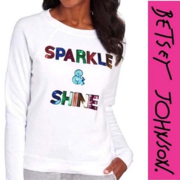 Betsey Johnson Sparkle & Shine Sequin White Sweatshirt Medium - Picture 1 of 11